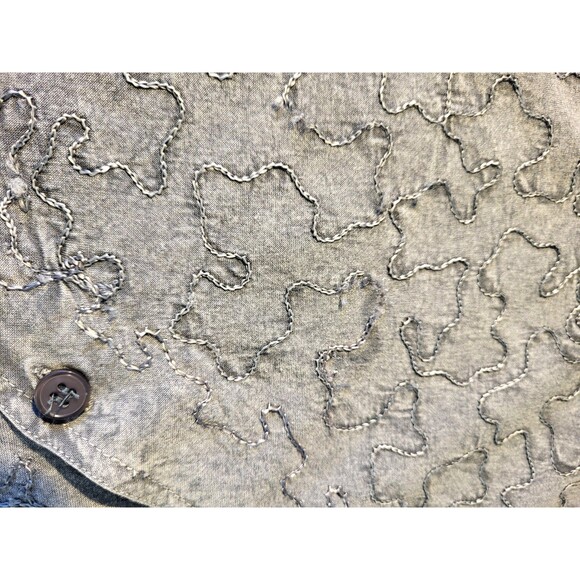 Boho Minimalist Gray Embroidered Button Down Top | Artsy Textured Long Sleeve M - Picture 16 of 16